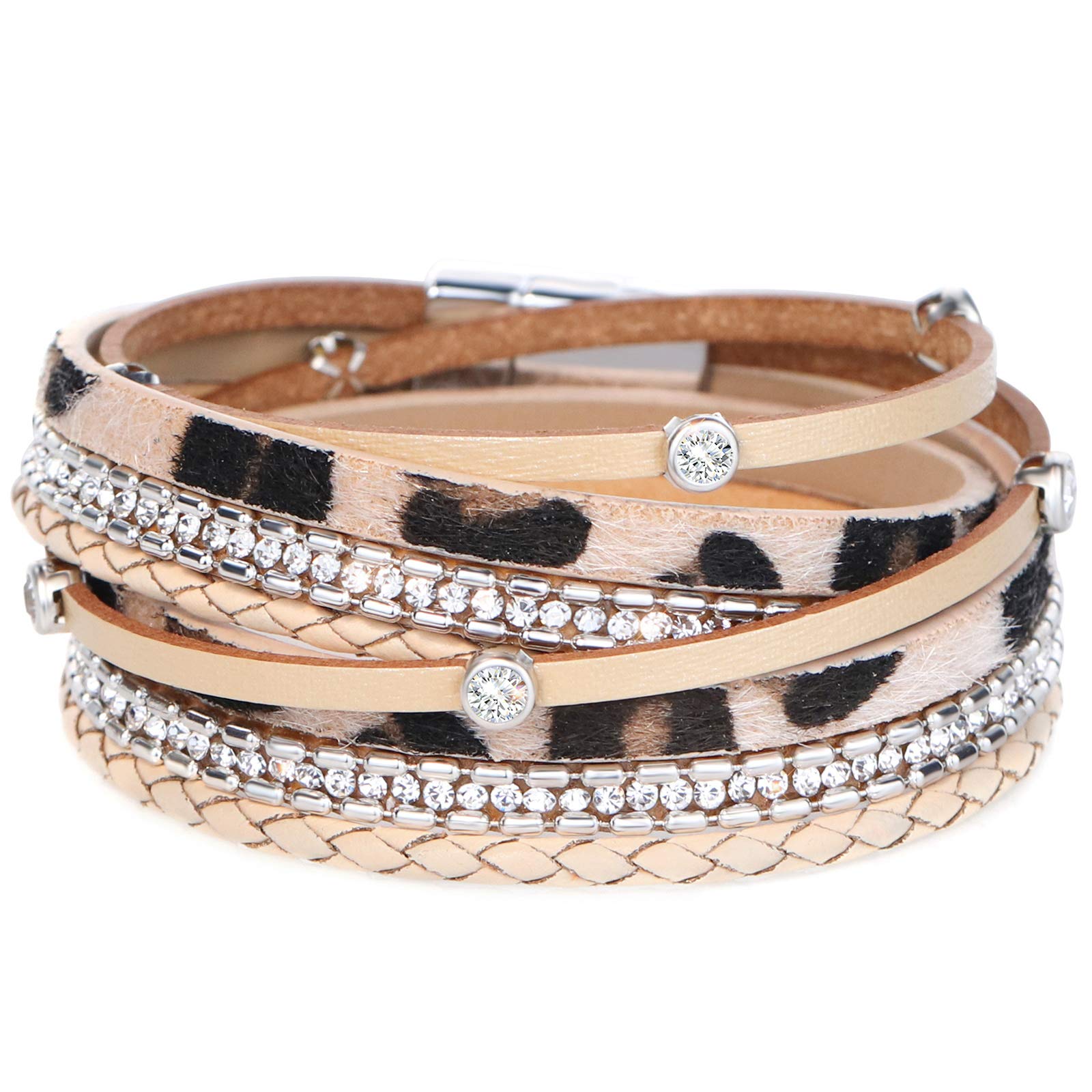 Gleamart Multi-Layer Leather Bracelet Beads Wrap Cuff Bangle for Women Leopard with Crystal