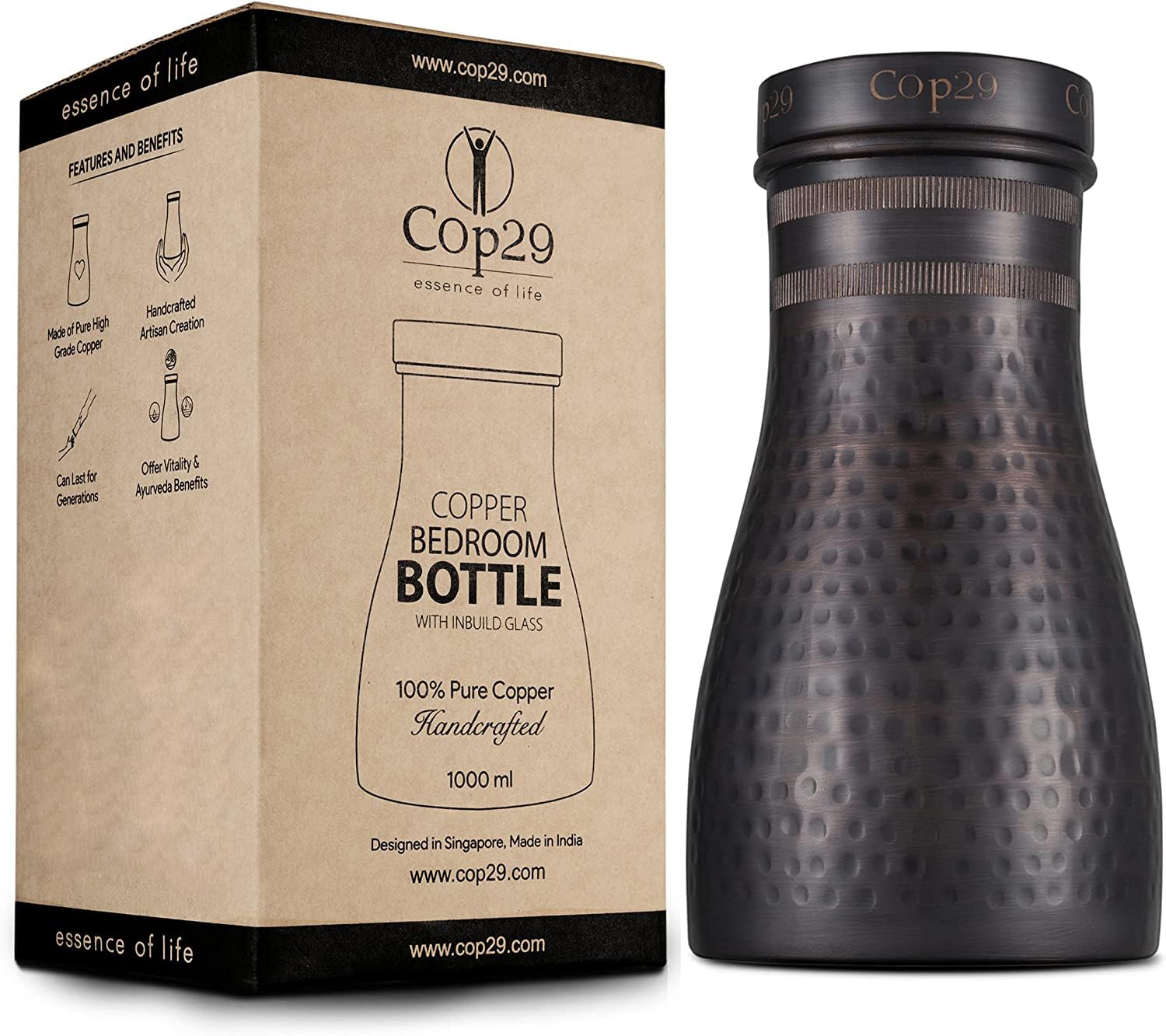 Cop29 Handmade Dolny Antique Hammered Copper Bedroom Water Bottle I Pitchers with Lid I Bedside Water Carafe (Indoor Use with Loose Lid) –1000ml/34oz