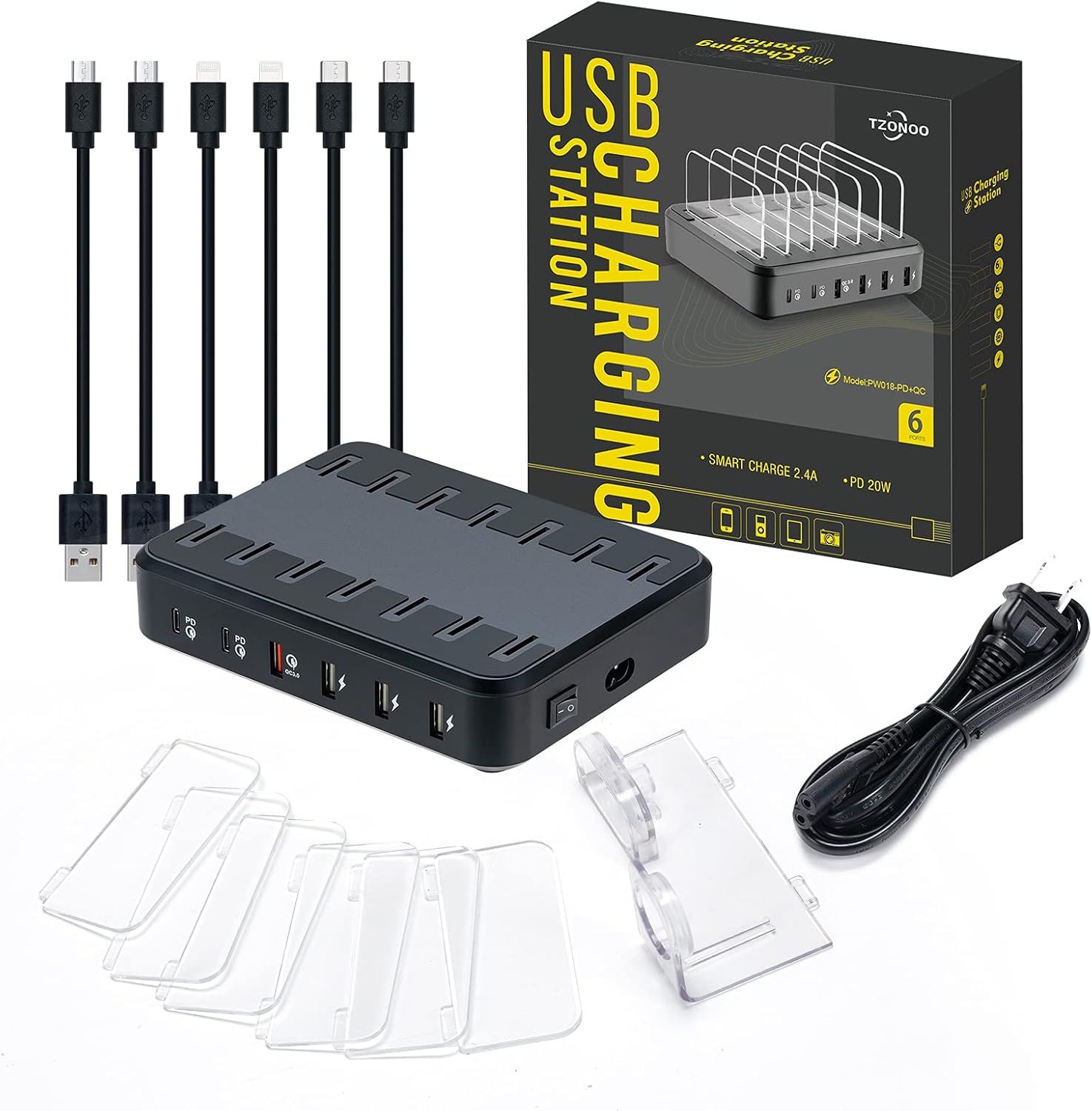 TZONOO 2PD 84W USB Charging Station 6 USB Ports Fast Multi Charger Stand Organizer Heavy Duty Dividers for Cell Phones Tablets Smartphones Electronics for iPhone 12/11 Apple Andiro Home Office(Black): Electronics