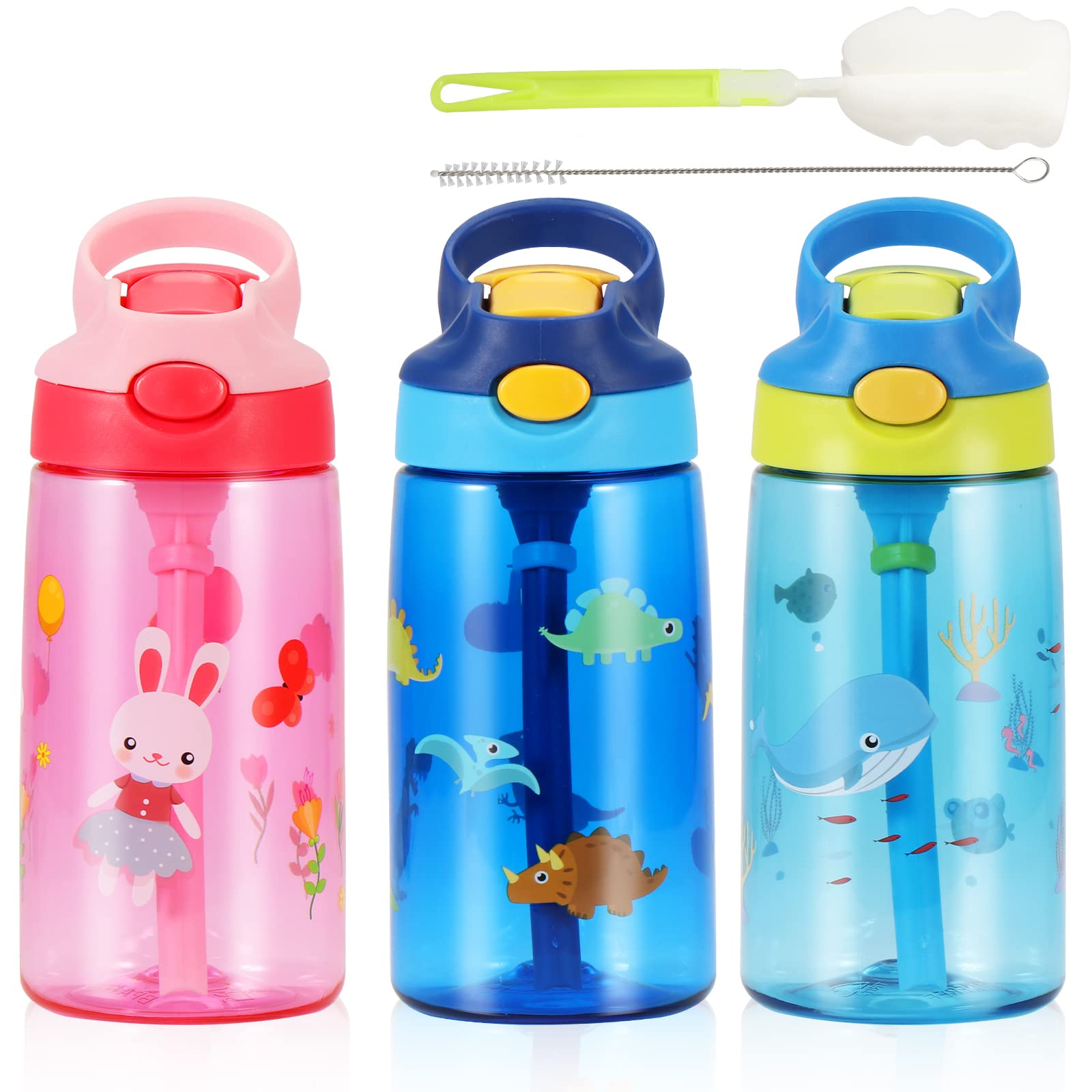 SUPPRUI Kids Water Bottles with Straw for School,480ml Water Bottle Kids,BPA-Free,Leakproof Drink Bottle for Boys & Girls (Blue Dinosaur)