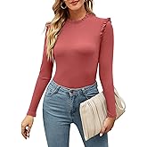 BINOVISOR Womens Long Sleeve Bodysuits Stand Collar Slim Fit Frilled Ruffles Shoulder Ribbed Leotards Tops