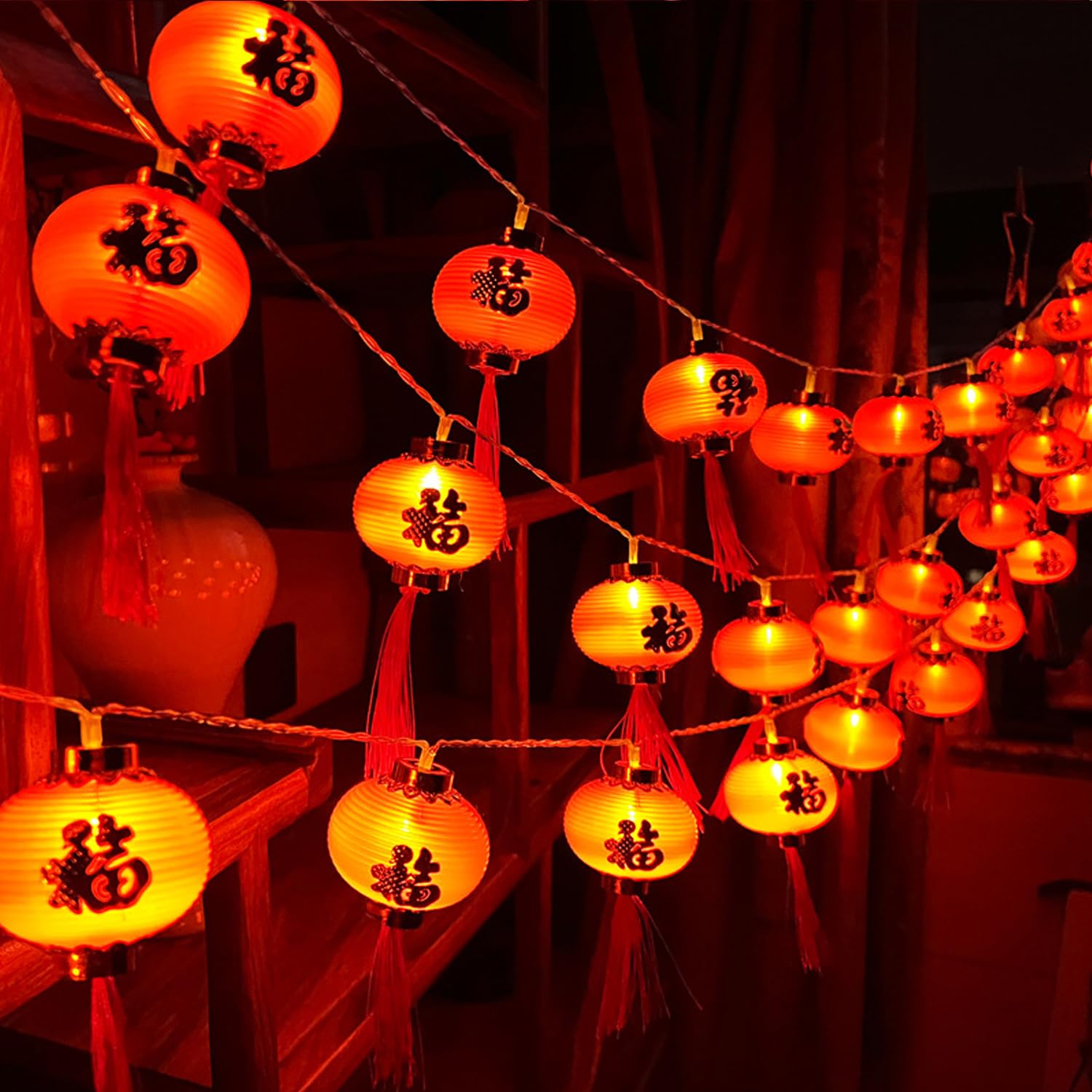 Photo 1 of KYMY New Year Red Lantern String Lights Set, Chinese LED Lanterns String Lambs, Battery Operated Fu Character Night Lights for Spring Festival, Lantern Festival Party Home Decoration (20LED, 6 cm)