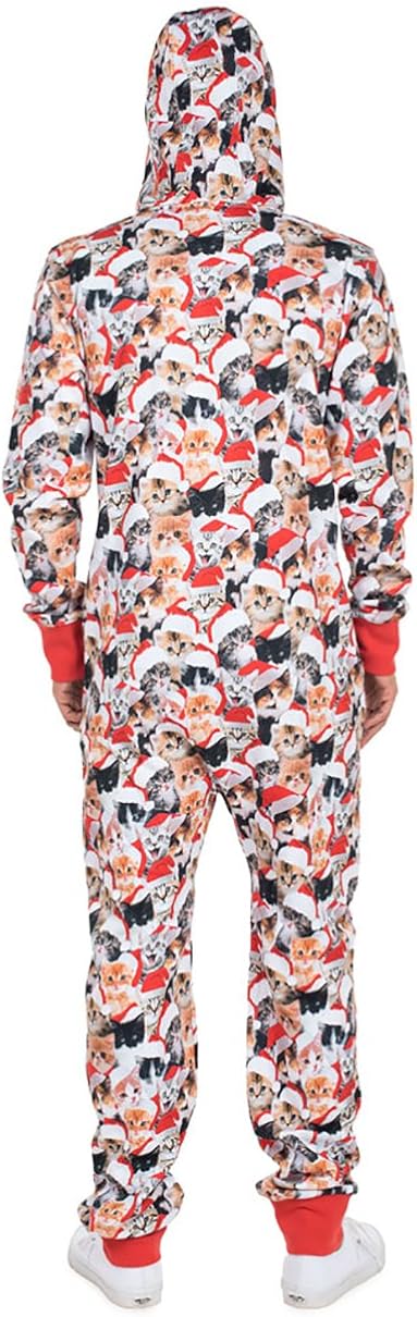 Tipsy Elves Ugly Christmas Jumpsuit for Men - Meowy Christmas Cozy Cat Print Holiday Onesie Size: Clothing
