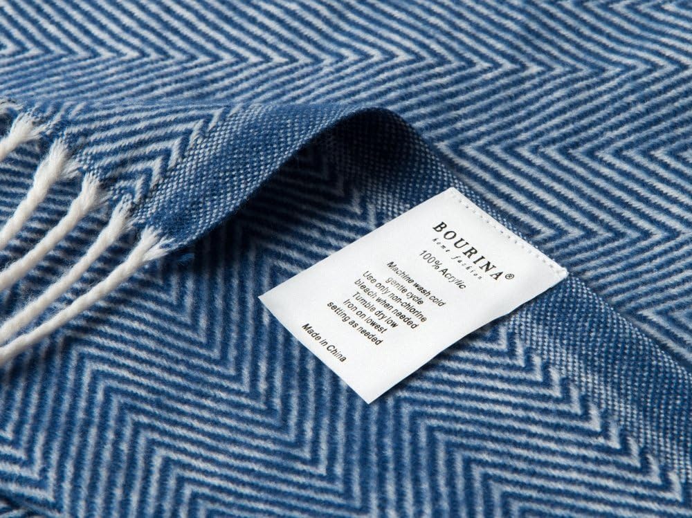 Bourina Decorative Herringbone Faux Cashmere Fringe Throw Blanket Lightweight Soft Cozy for Bed or Sofa Farmhouse Outdoor Throw Blankets, 50" x 60", Navy: Home & Kitchen