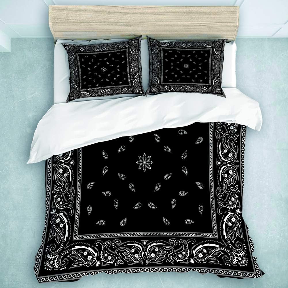 QINCO Duvet Cover Set Floral Paisley Black Bandana Pattern Abstract Bandanna Border Scarf White Kerchief Decorative 3 Piece Bedding Set with 2 Pillow Shams Twin
