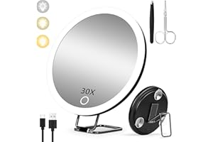 SUUPVAOR 30x Magnifying Mirror With Light, Large 6" Rechargeable Lighted With Suction Cups & Table Stand, 3 Color Modes Dimmable Light up Travel Makeup High Magnification