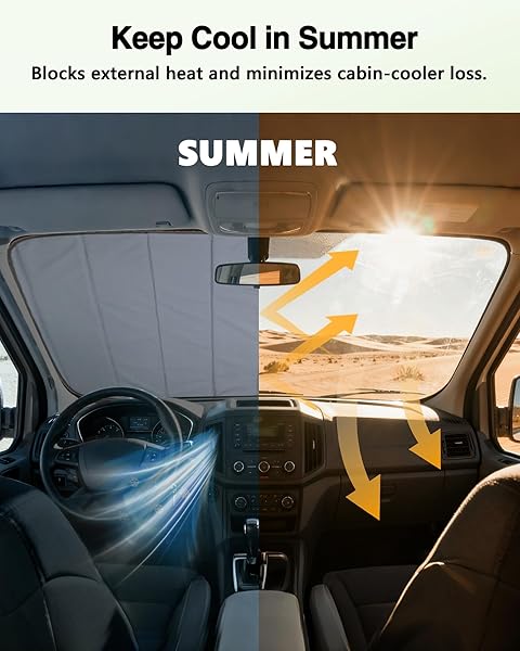 VANHOXCCI INSULATED BLACKOUT WINDSHIELD COVER FOR PRIVACY & SUN PROTECTION, ALL-SEASON VAN LIFE CAMPING WINDOW SHADE, FIT FOR FORD TRANSIT 150 250 350 MEDIUM/HIGH ROOF 2015-2025, GRAY