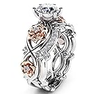Women's Gorgeous 2 PCS CZ Vintage Engagement Wedding Ring Set Lotus Flower Rose Gold Plated Two-tone Bridal Eternity Rings (6)