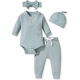 Aalizzwell Gender Neutral Long Sleeve Baby Ribbed Outfit with Hat & Headband