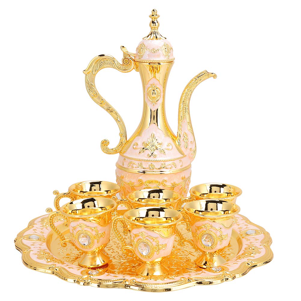Zunate Wine Pot Kit, 8 Piece Vintage Turkish Metal Water Serving Set Included 1 Wine Pot, 6 Wine Cup, 1 Tray, Gold Tea Set for Home Bar, Tea Party, Craft Ornaments, Wedding Gift (White Pink)