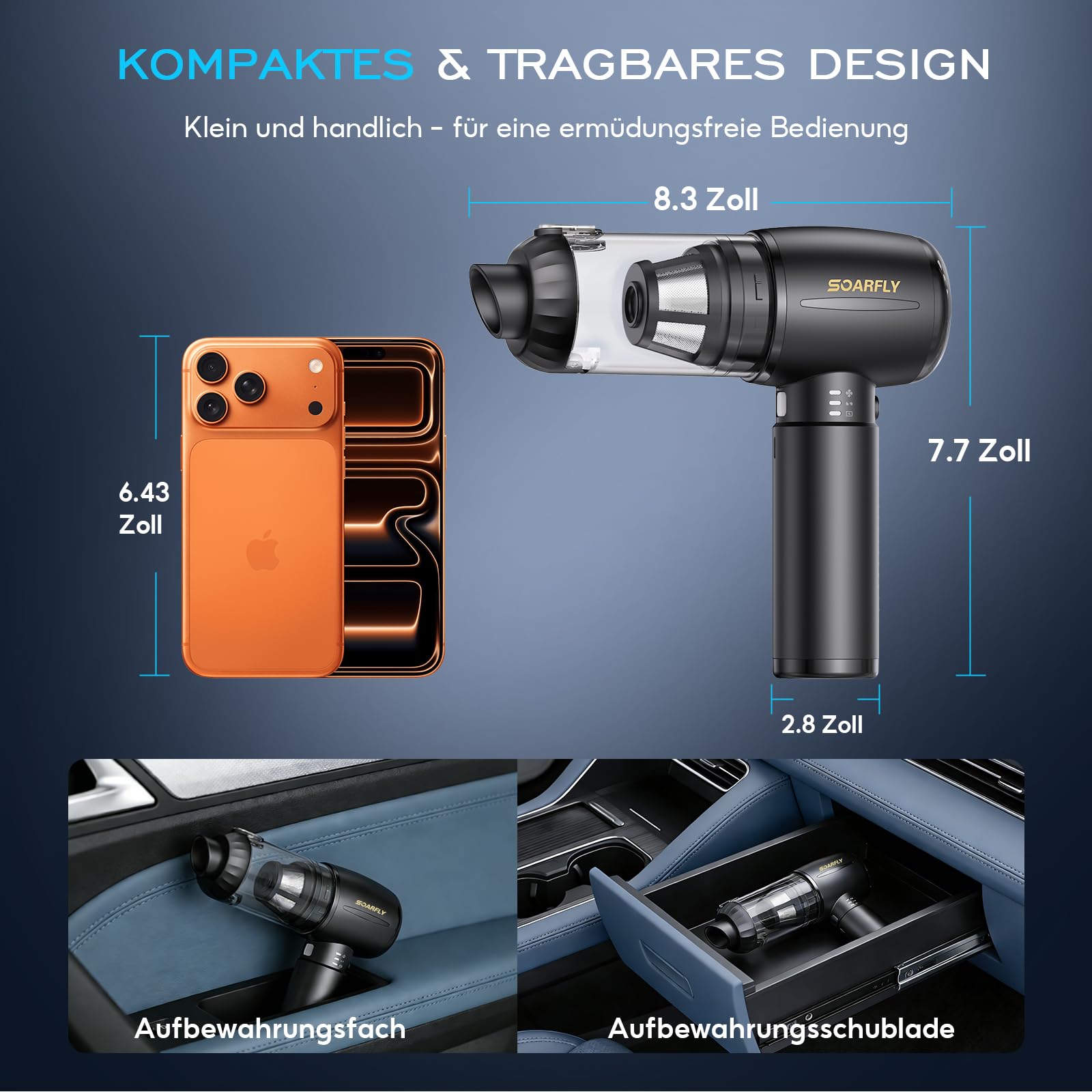 SoarFly Handstaubsauger Akku, 25000Pa 4 in 1 Auto Mini Staubsauger Kabellos Stark mit LED Licht, 2-Gang Elektrische Staubgebläse mit Bürstenloser Motor für den Auto, Küche, PC, Sofa, Büro 7