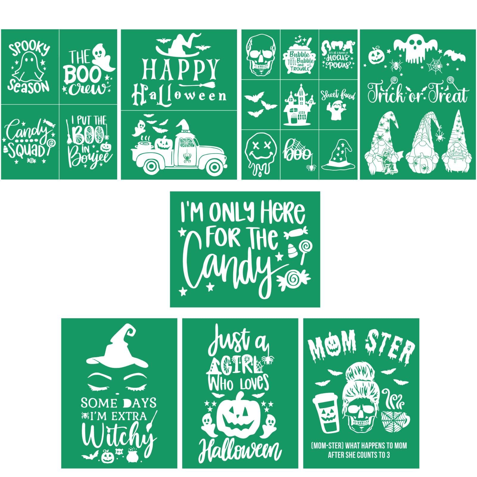 8PCS Halloween Self-Adhesive Silk Screen Stencils,Farmhouse Screen Printing Stencil for Chalk Paste,Reusable Stencils for Craft Fall Mesh Transfer for Painting on Wood T-Shirt Fabric Home Decor