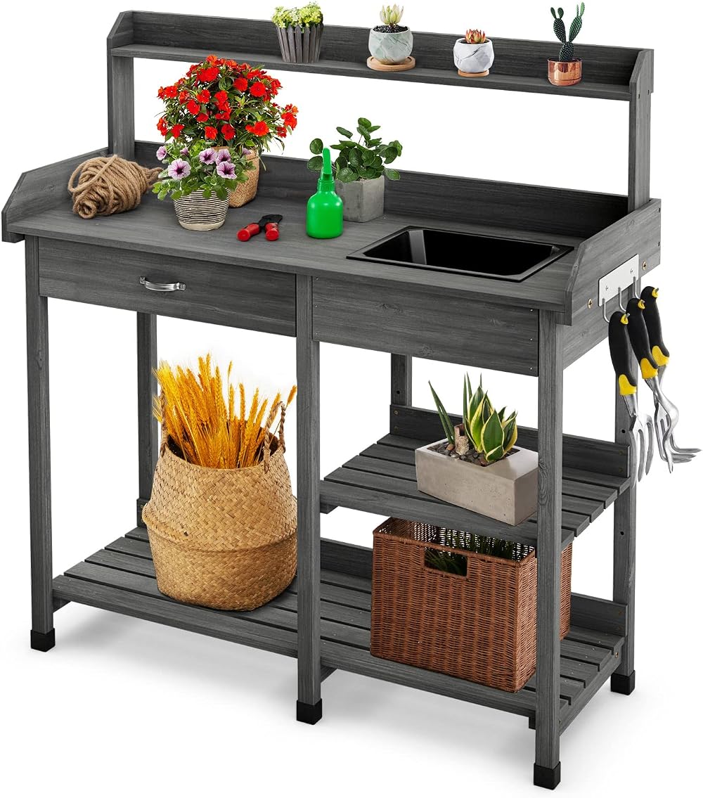 TANGZON Wooden Potting Table with Sink, Drawer & Hooks for Garden Workstation
