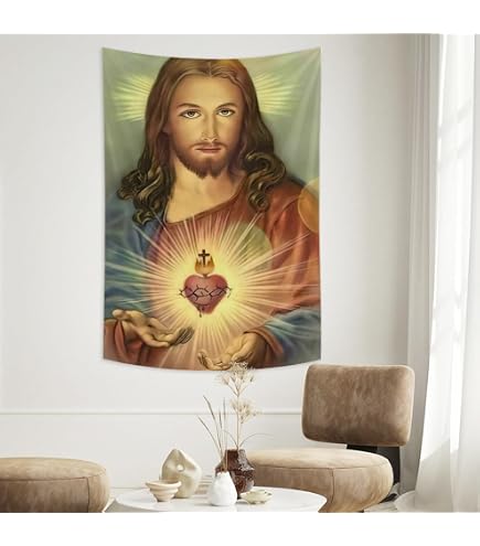 Tapis Mural Vintage Sacré-Cœur De Jésus - Broderie Religieuse, 20x39 Pouces, Multicolore, Occasion