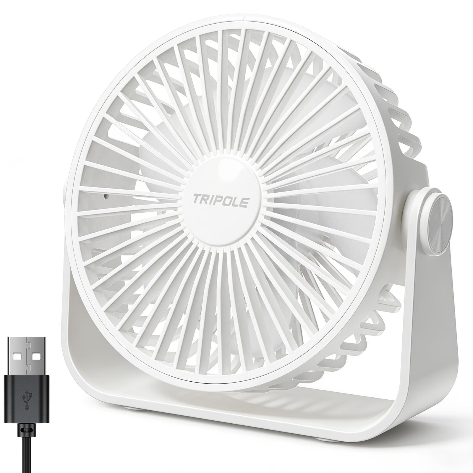 TriPole USB Desk Fan, 3 Speeds Adjustable Table Fan, Powerful but Silent 360° Head Rotation Personal Desktop Fans, 4.5 Inches Portable Mini Fan for Bedroom Office Indoor Outdoor, White