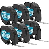 DYMO Authentic LT Plastic Labeling Tape for LetraTag Label Makers, 1/2" (12mm), Black Print on Clear Tape, 6-Pack