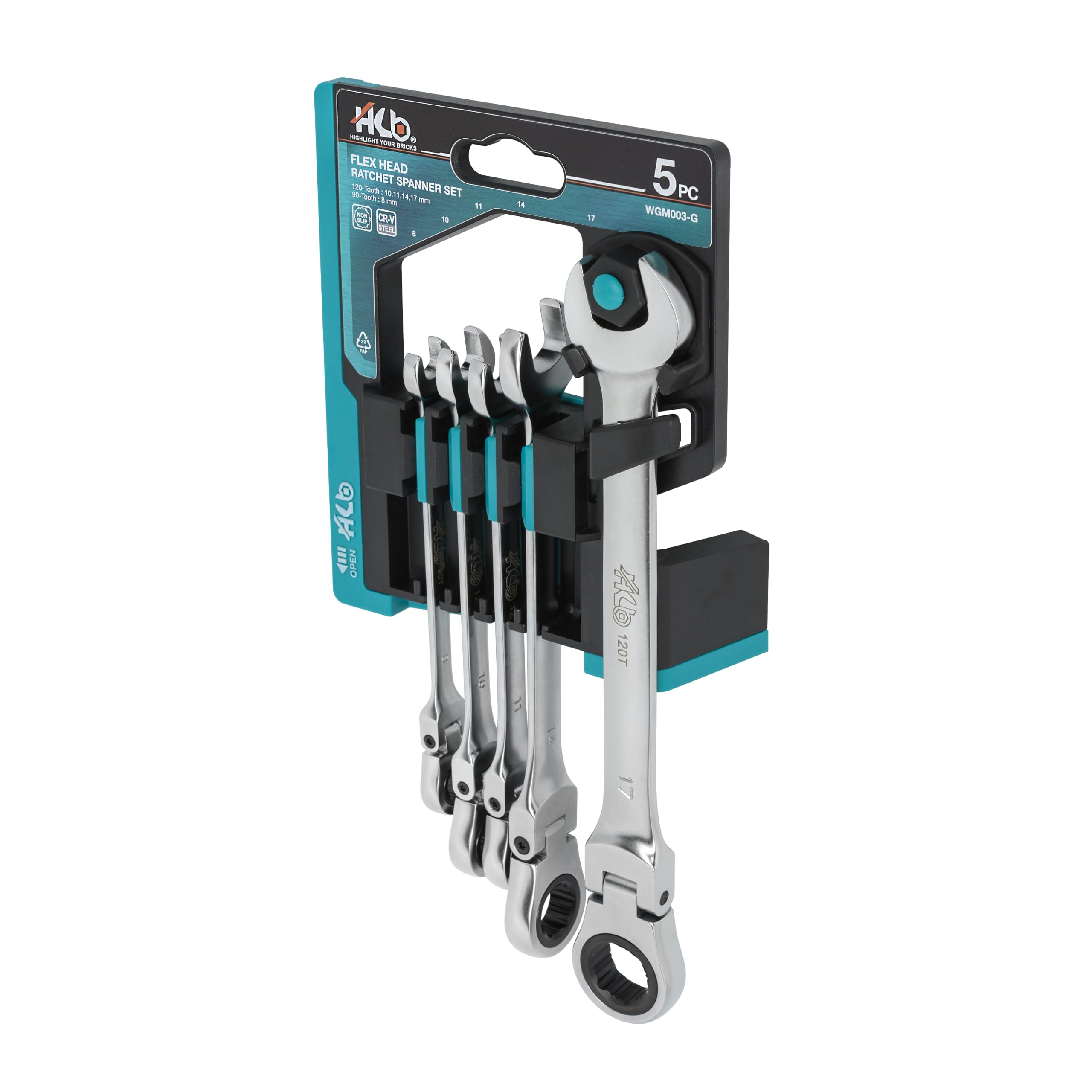 HB 5 Piece Ratchet Spanner Set Metric 90 Tooth & 120 Tooth Non Slip 180° Flex Head Reversible Combination Wrenches with Storage Rack Chrome Vanadium Steel Workshop Tools Made in Taiwan WGM003-G