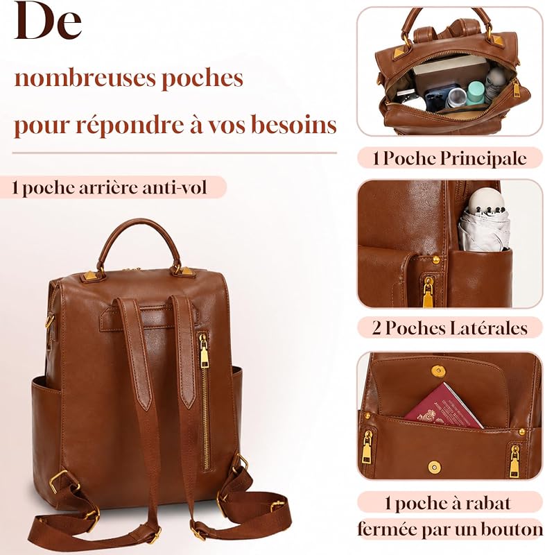 Sac a Dos Femme, Sacs à Main Portés Dos Femme Antivol Léger Backpack Loisirs Casual en Cuir Vegan pour Voyage L'école Travail Université Collège Shopping