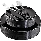 DaYammi 30 Guests Black Plastic Plates with Disposable Silverware,Silver Cutlery with Black Handle,Silver Disposable Dinnerware:60 Dinner/Dessert Plates,90 Plastic Silverware Set for Party Wedding