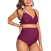 Charmo Scalloped Maternity Bikini Swimsuit Two Piece High Waist Ruched Pregnancy Bathing Suit Cute V Neck Swimwear