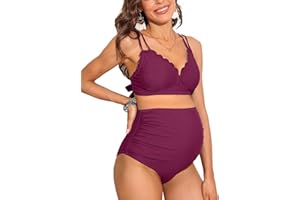 Charmo Scalloped Maternity Bikini Swimsuit Two Piece High Waist Ruched Pregnancy Bathing Suit Cute V Neck Swimwear