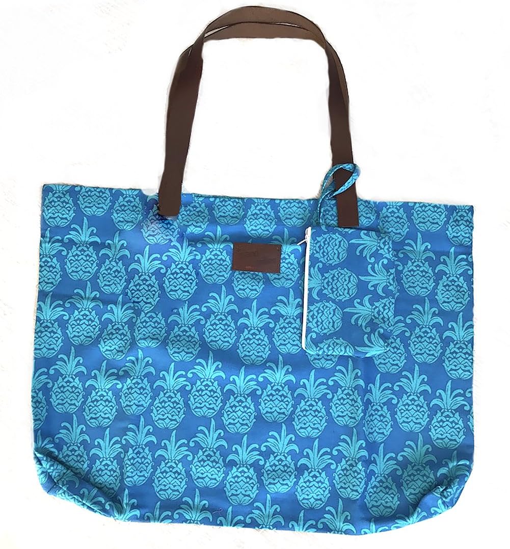 Wear 100% Cotton Canvas Foldable Beach Bag with Genuine Leather Handles Tote Carryall (Tango Tropical Blue)
