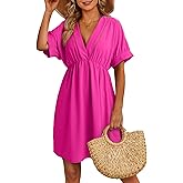 Dokotoo Swimsuit Coverup for Women Hollow Out V Neck Short Sleeve Bathing Suit Bikini Beach Cover Ups Dress Vacation Outfits
