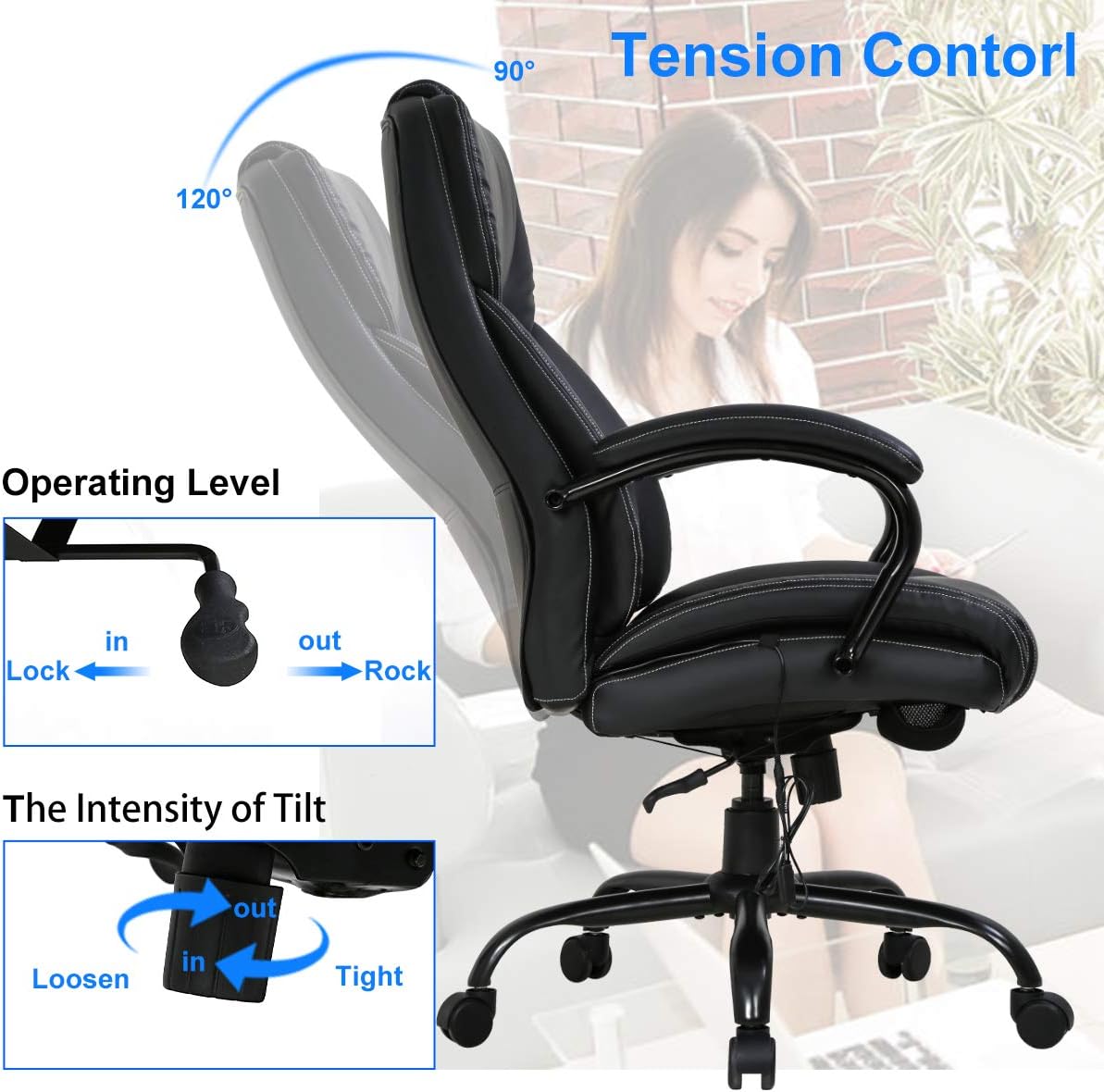 Big & Tall Heavy Duty Executive Chair 500 Lbs Heavyweight Rated Black PU Leather Task Rolling Swivel Ergonomic Executive Office Chair with Massage Lumbar Support Armrest