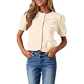 Kedera Women's Casual Short Knit Bow Sweater Crew Neck Puff Sleeve Shirts Sweater Loose Blouses Tops