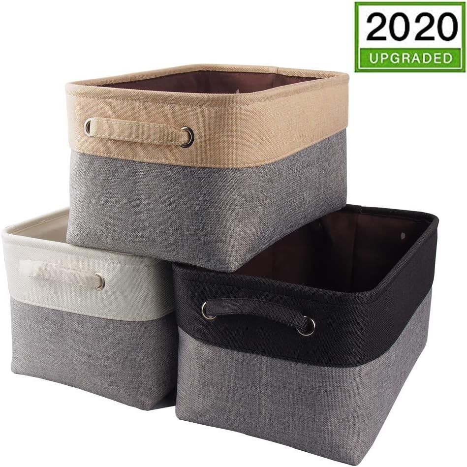 Mangata Canvas Storage Box 3 Pack, Fabric Storage Basket with Handles for Cupboards, Shelves, Clothes, Toys (Medium, Foldable)