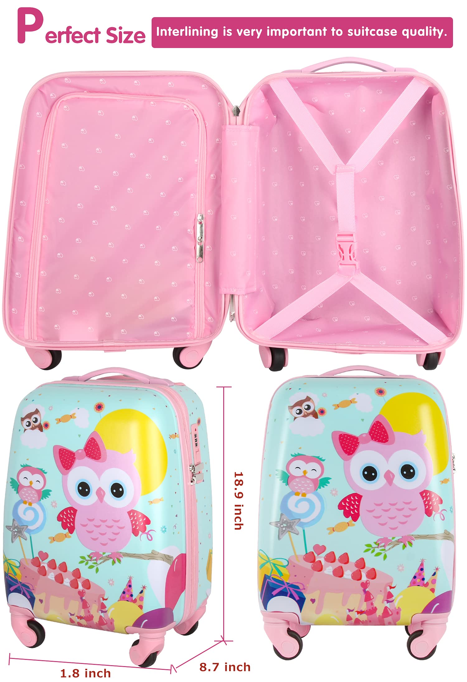 Lttxin Cute Kids Suitcase Pull Along Travelling Luggage With 4 Wheel for Girl Hard Shell 18 inch Owl