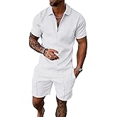 UOUA Mens Summer Track Suits 2 Piece Shorts Sets Short Sleeve Sweatsuit Outfits 1/4 Zip Golf Polo Shirts Loungewear