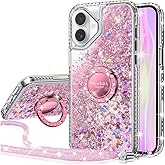 Silverback for iPhone 16 Plus Case, Moving Liquid Holographic Sparkle Glitter Case with Kickstand, Girls Women Bling Diamond Ring Protective Case for iPhone 16 Plus - Pink