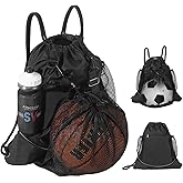 MoKo Drawstring Basketball Backpack, Sports Gym Bag Soccer Backpack with Two Water Bottle Holder, Foldable Mesh Ball Bag Portable Basketball Bag for Football Volleyball Baseball Yoga, Black