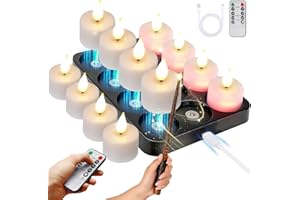 KIKILIVE Rechargeable Flameless Candles with Wand, Magnetic Charging Base, 12pcs Rechargeable Candles with Remote Timer, Remo