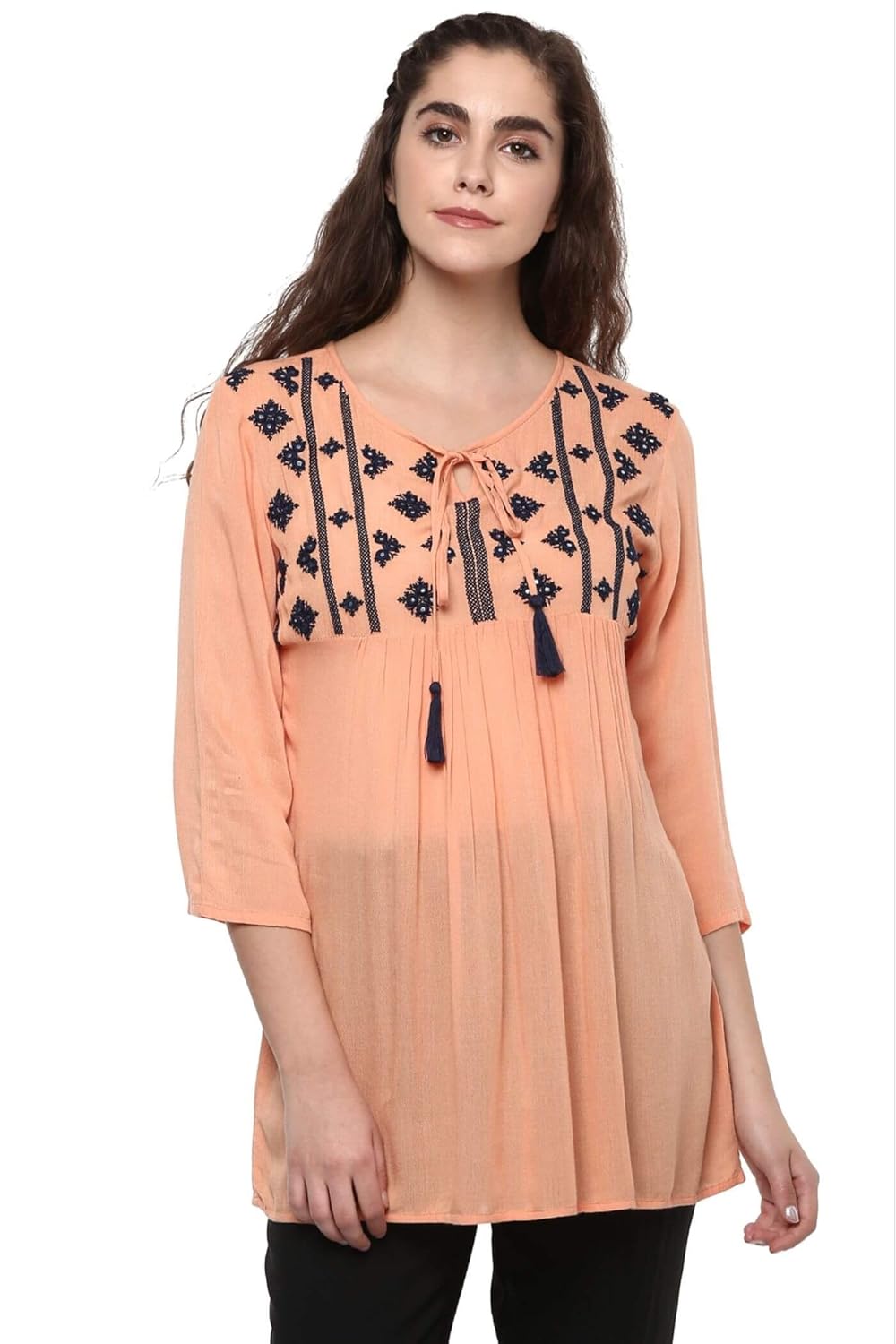 the vanca women's tunic with embroidered yoke and tassel tie up and 3/4th sleeve