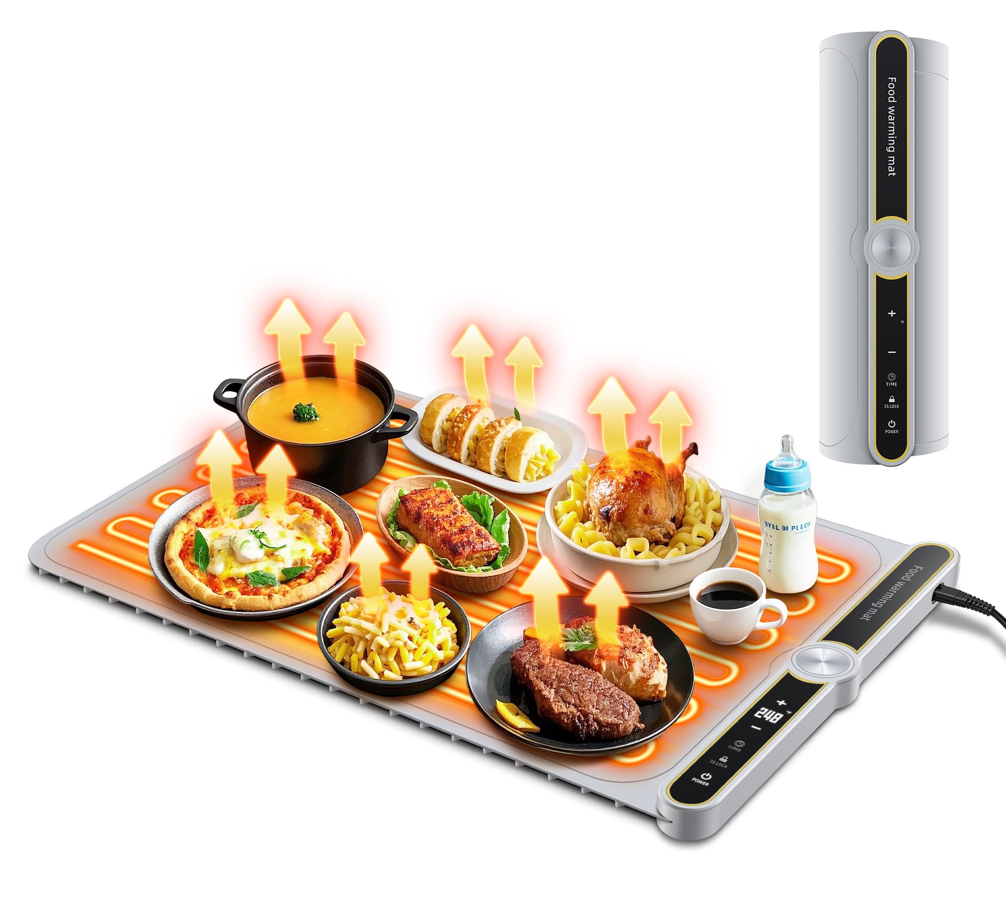 Photo 1 of Warming Mat for Food, 24"x15" Food Warmer with 9-Temperature Adjustable, 1-6H Timer Electric Warming Tray Heat 6 Dishes, Child Lock, 8s Fast Heating, Foldable Food-Grade Silicone