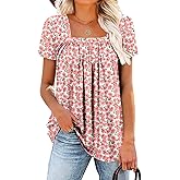 ROSELINLIN Womens Short Sleeve Shirts Loose Summer Floral Tunic Tops