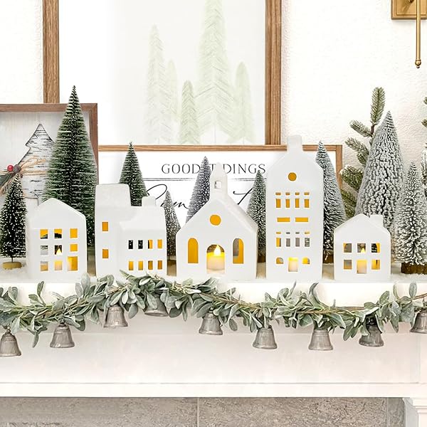 CHRISTMAS DECORATIONS – CHRISTMAS VILLAGE SETS OF 5 LIGHTED CERAMIC HOUSES WITH REMOTE CONTROL & 9 TREES – INDOOR WHITE XMAS HOLIDAY RUSTIC UNIQUE DECOR FOR HOME TABLE ROOM FARMHOUSE DECORATION