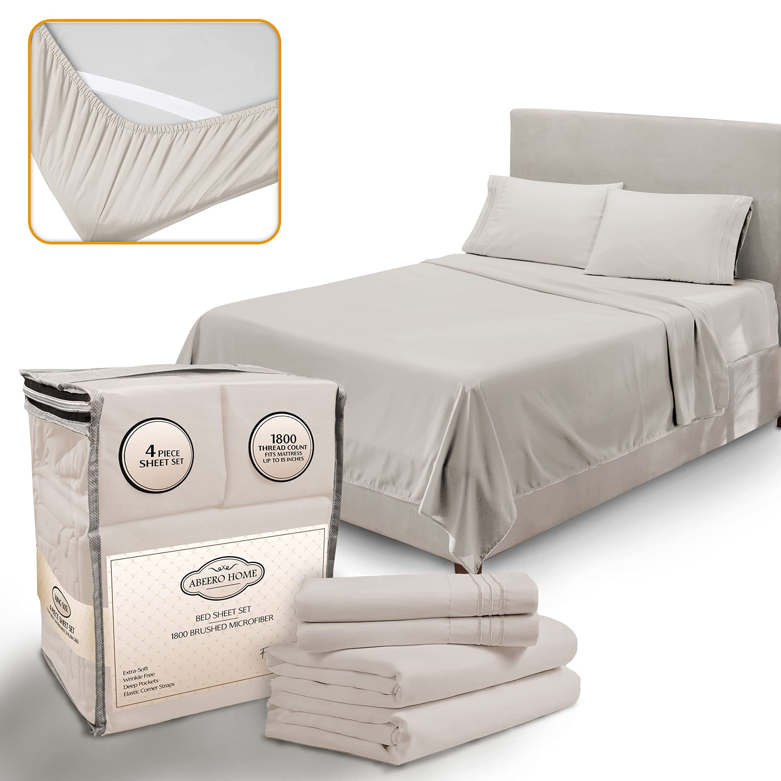 Photo 1 of Abeero Home California King Sheet Sets - Luxury Hotel Bed Sheets - Soft Cooling Sheets with Elastic Corner Straps - Deep Pocket Microfiber - Bedding Sheets & Pillowcases -4 PC (Cal King Size, Beige)
