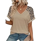 Verdusa Women's Leopard Print V Neck T Shirts Roll Up Short Sleeve Summer Casual Cheetah Tee Shirt
