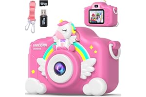 QEMIXLY Unicorn Camera for Girls Boys with Cartoon Silicone Cover, Digital Mini Toddler Camera Toys for 3 4 5 6 7 8 9 10 11 12 Year Old Kids Birthday Chirstmas Gifts - 1080P and 32G SD Card (Unicorn Pink)