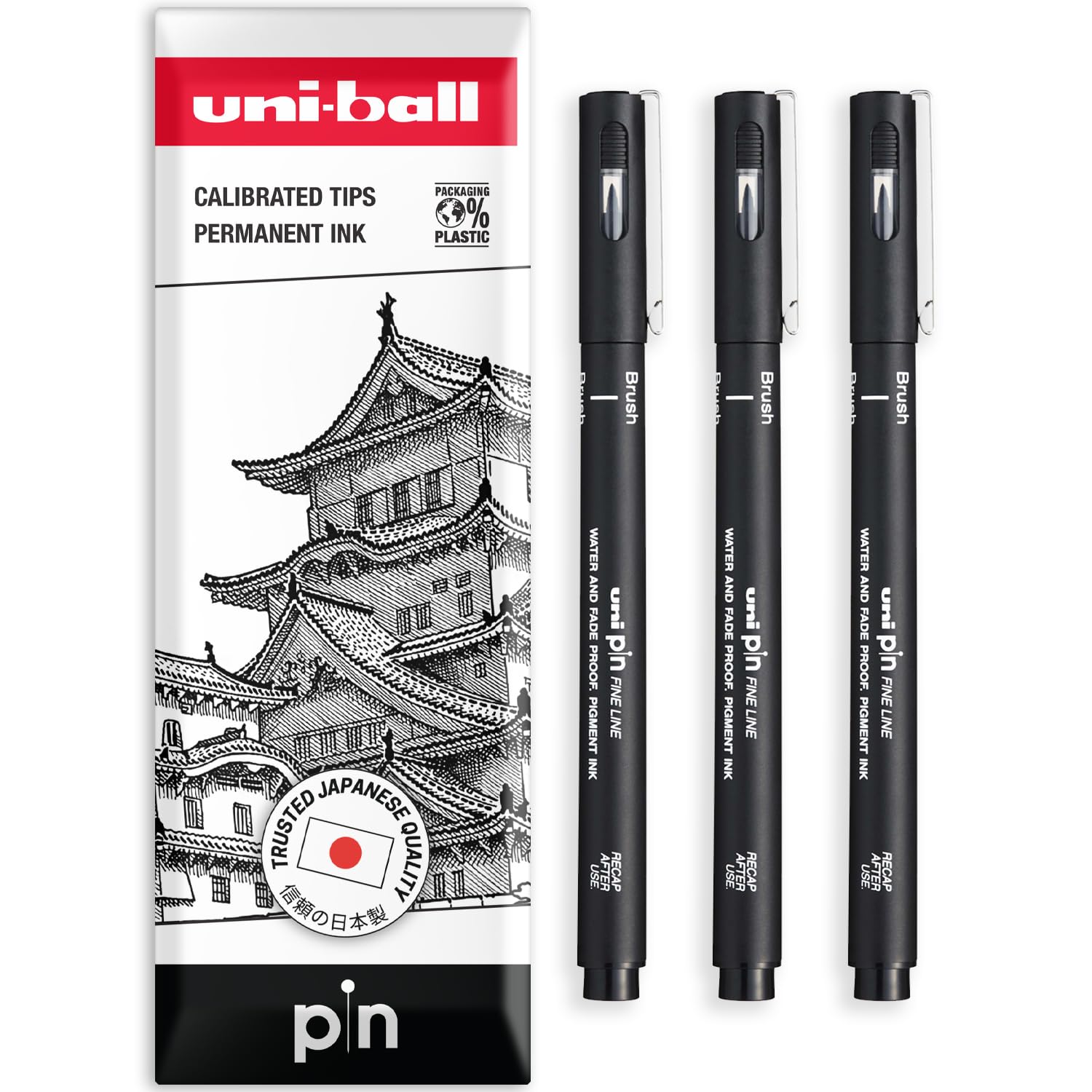 uni-ball PIN Fineliners | Black Fine Tipped Writing Pens | Water & Fade Resistant Ink | Ideal for Sketching, Scrapbooking, Outlining, Art, Technical Drawing | In Envelope Gift Pack (Pack of 3, Brush)