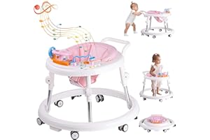ErmeiRabbit Baby Walker Foldable, Baby Walkers and Activity Center for Boys Girls Babies 6-12 Months with Feeding Tray & Music, and 5 Adjustable Heights, Baby Walker with Wheels…