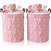 Blushtier 2 Pcs Pink Bow Laundry Hamper Girls Room Decor Coquette Pink Bow Plush Faux Fur Basket Kids Large Storage Basket Collapsible Organize Bins for Gifts Toys Blanket Clothes Nursery Bedroom