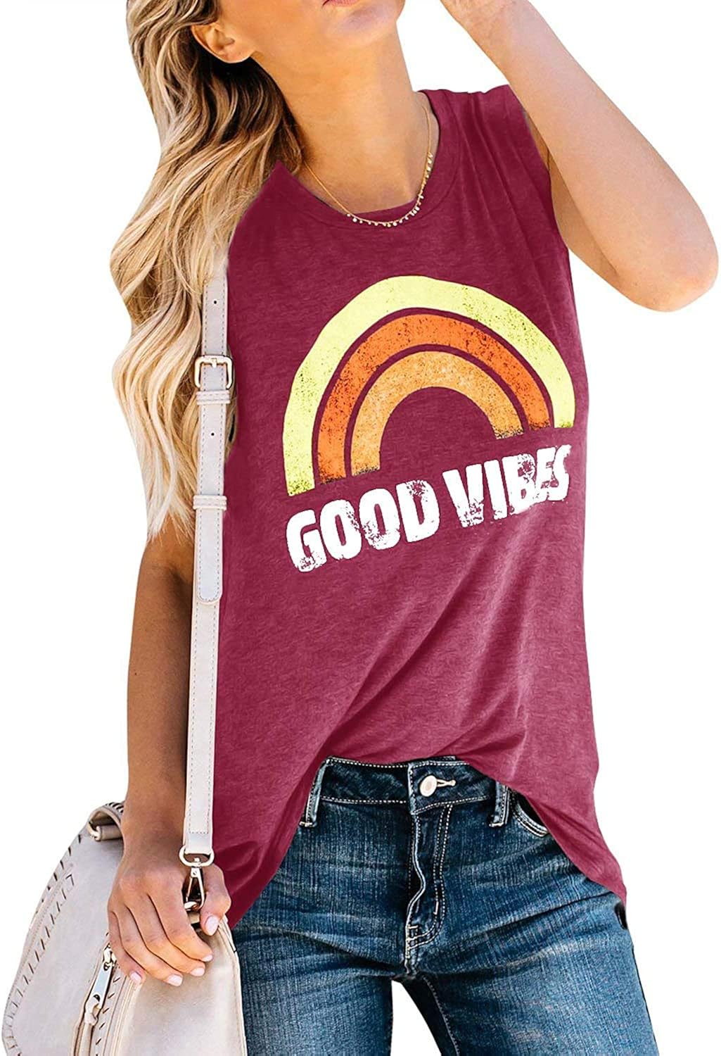 Womens Tank Tops Good Vibes Summer Graphic Tees Long Rainbow Print Tunics Shirts
