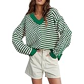 UNCLECAT Women's Striped Checkered Sweater 2025 V Neck Fall Sweaters Casual Knit Trendy Pullover Tops