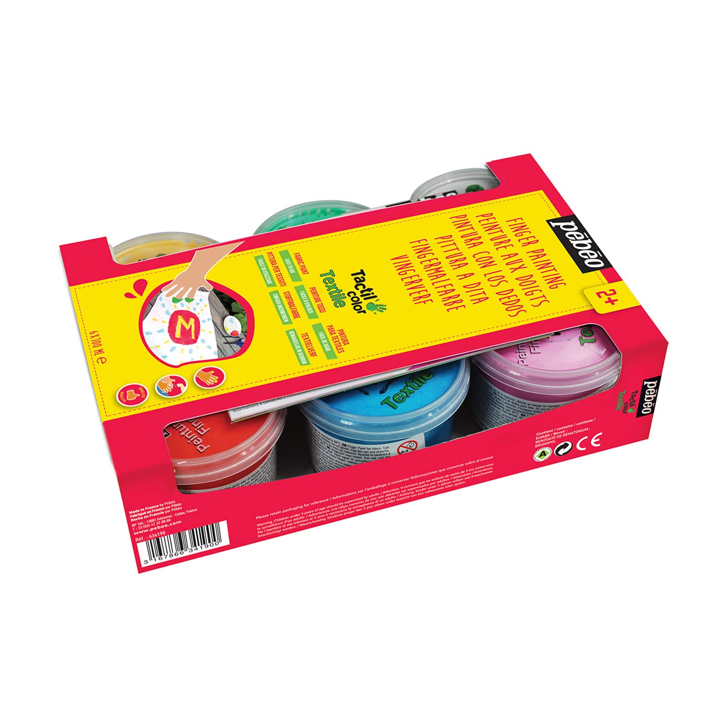 Pébéo - Tactilcolor Textile Textile Pearly Colours- Case 6X100ML - Washable Children's Painting- Encouraging Interest In Creative Leisure from 2 years old- Finger Painting on Fabric - 6 jars of 100 ml