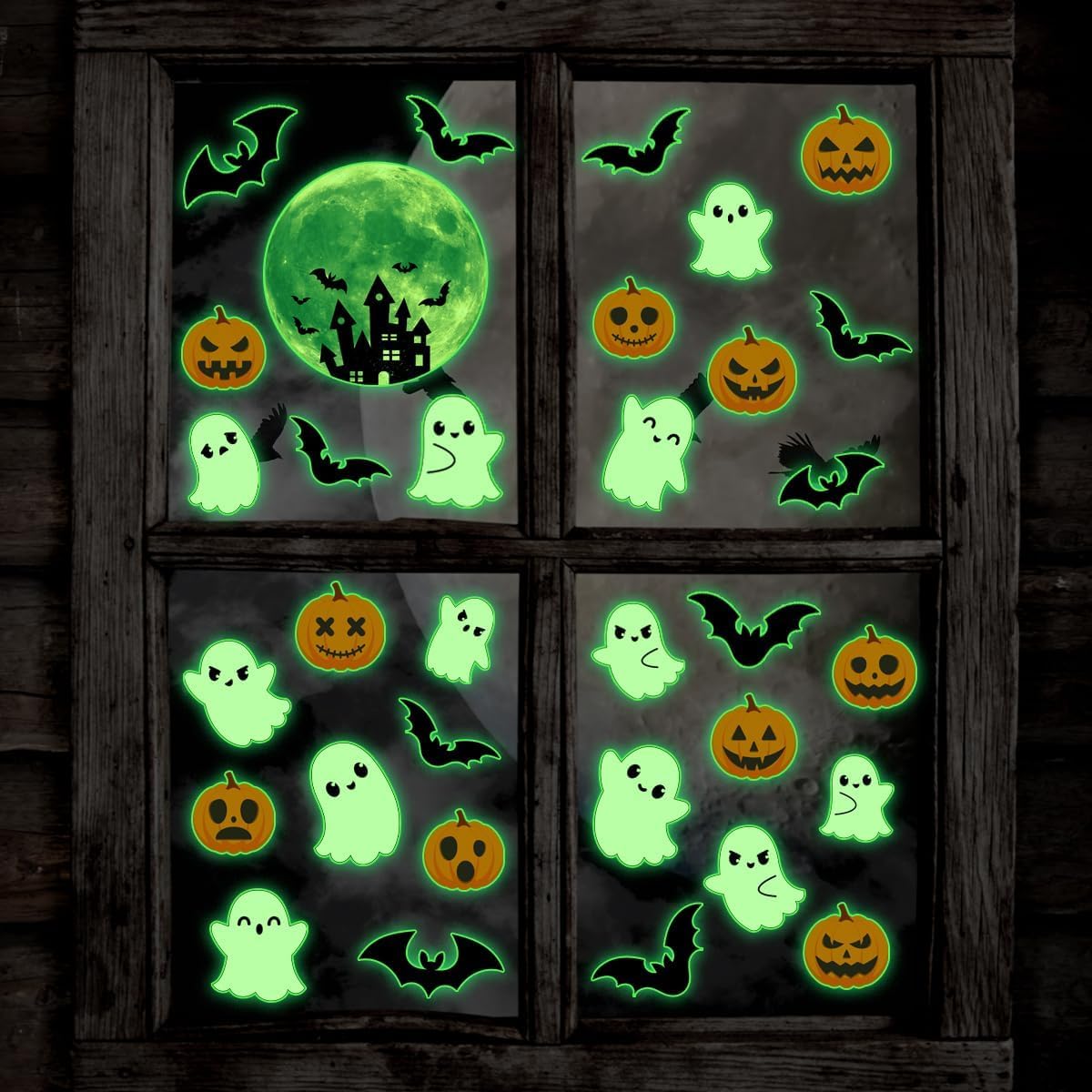 Photo 1 of 3 Sheets Glow in The Dark Halloween Window Clings Luminous Halloween Window Stickers Pumpkin Ghost Wall Decor Glowing Window Clings for Scary Halloween Theme Party Decorations
