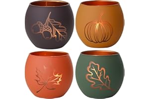 SYFURNIX Fall Candle Holders Set of 4, Glass Tealight Votive Holders, Indoor Outdoor Thanksgiving Table Decor with Laser-Etched Maple Leaf and Pumpkin Design, Autumn Party Wedding Table Centerpieces (Brown)